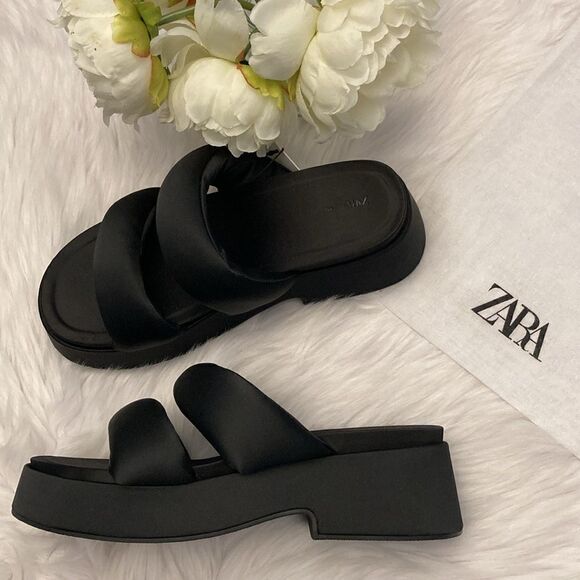 Zara Black Padded Strap Platform Chunky Sandals Shoes Size 10 - Picture 10 of 10